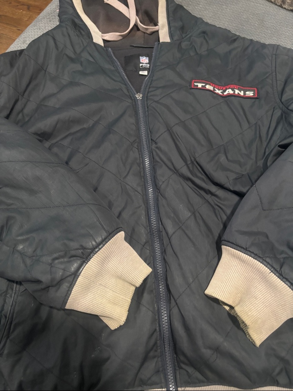 NFL Texans Quilted Hooded Bomber Jacket in Black with Tan Trim